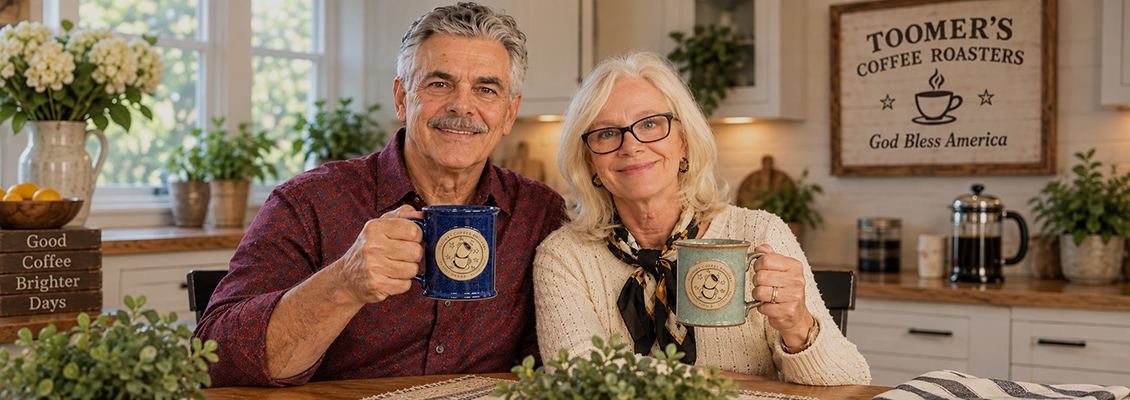 sandy and trish toomer show off their new hand thrown coffee mugs