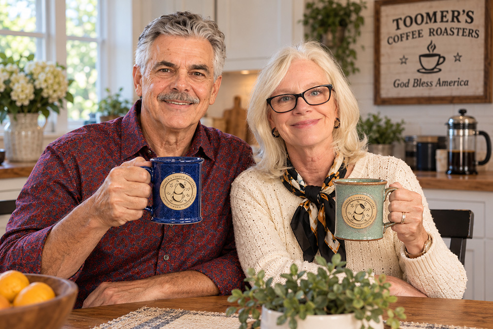 toomers coffee owners sandy and trish toomer holding their personally designed coffee mugs in navy blue 16 oz. and robins egg blue 12 oz.
