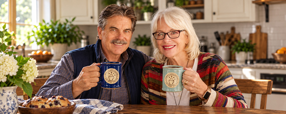 toomers coffee roasters sandy and trish toomer with new toomers logo coffee mugs